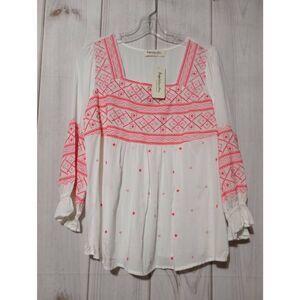 Impressions Shirt Ladies‎ Large White Pink Embroidered Semi Sheer Long Sleeve